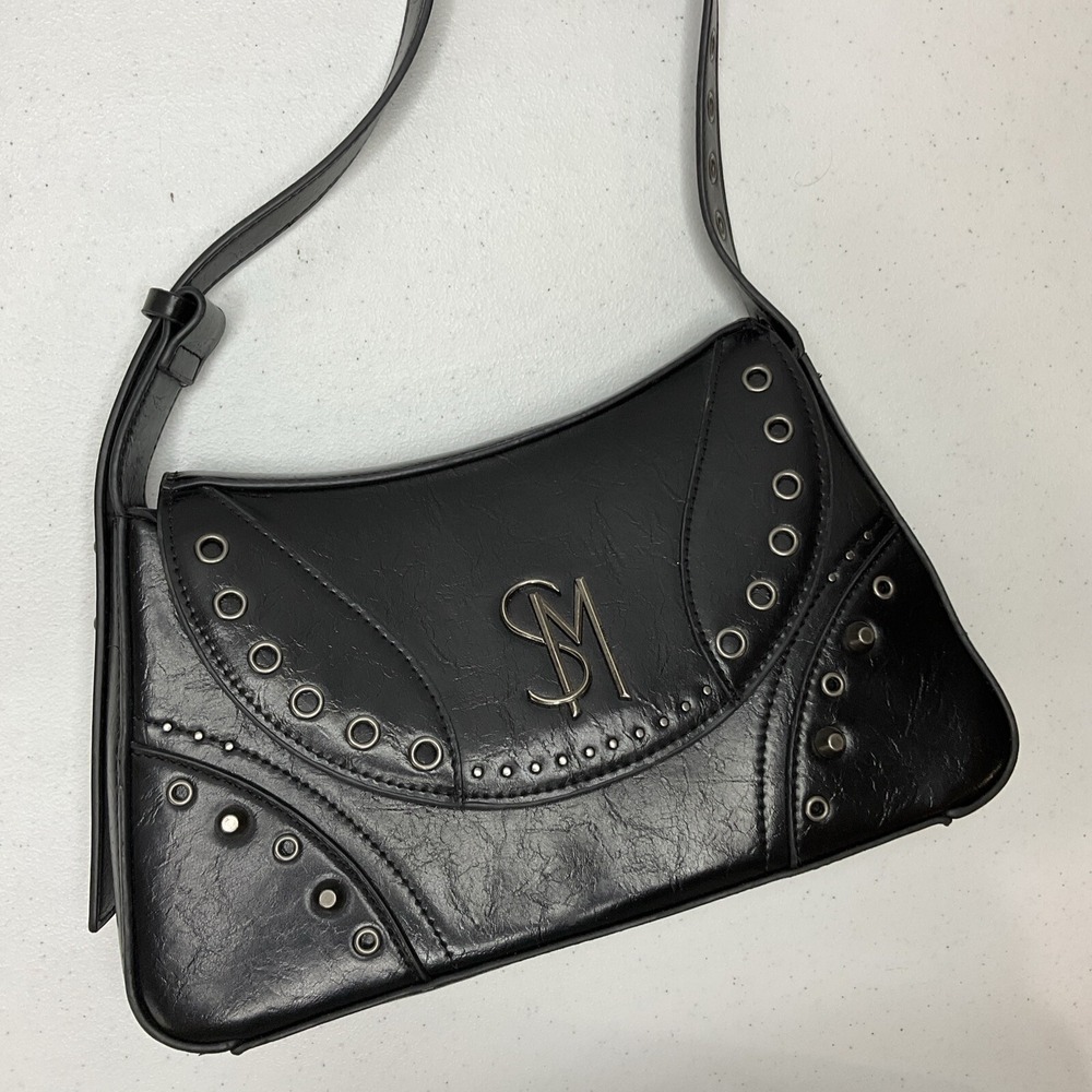 Steve Madden BMargy Shoulder Bag Purse Black Faux Leather Studded Y2K SM Logo - Picture 2 of 9